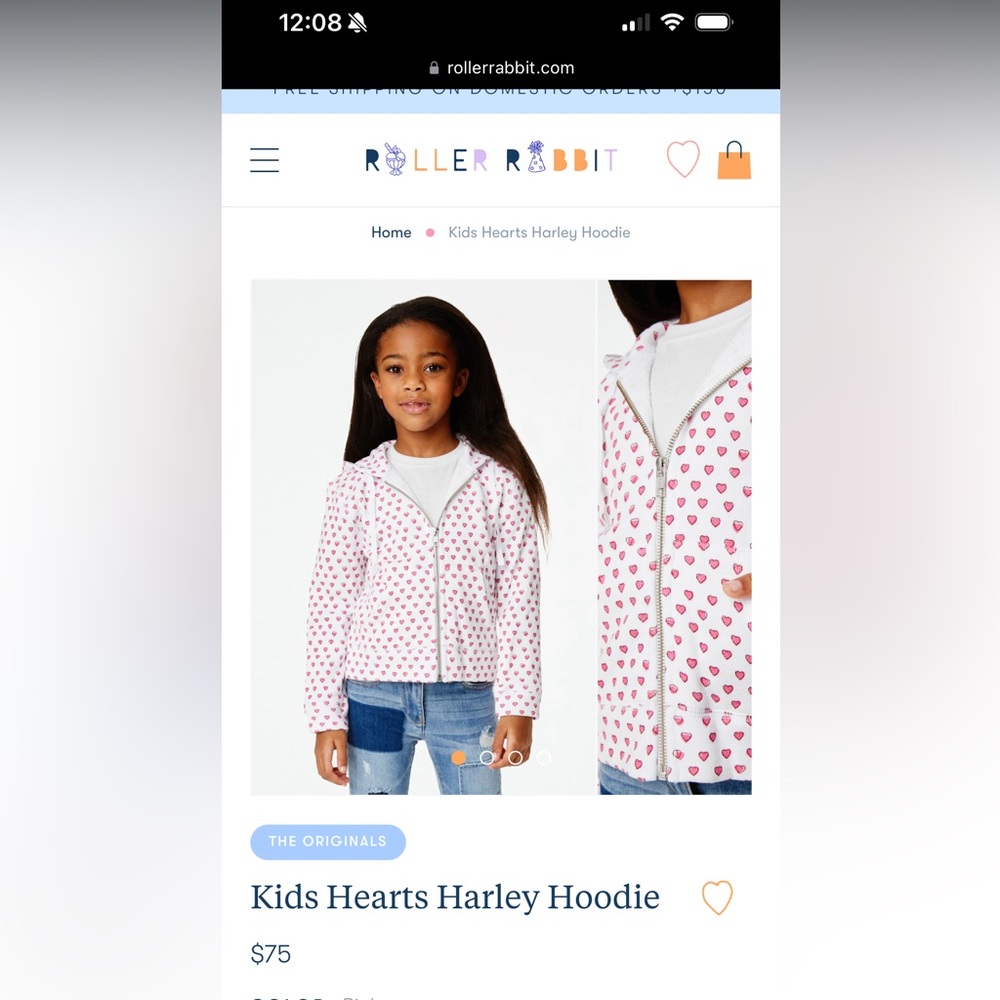 Girls size 6 Roller Rabbit zipped heart hoodie